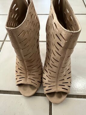 Anne Michelle Tan Laser-Cut Peep-Toe Heeled Booties